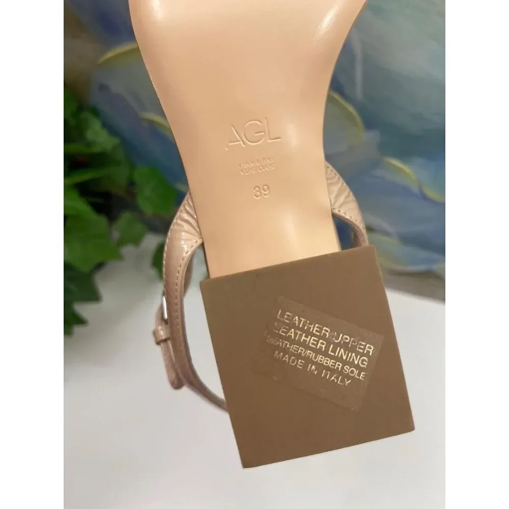 AGL Nude Patent Leather Square Toe Block Heel Sandals Size 39 / US 9